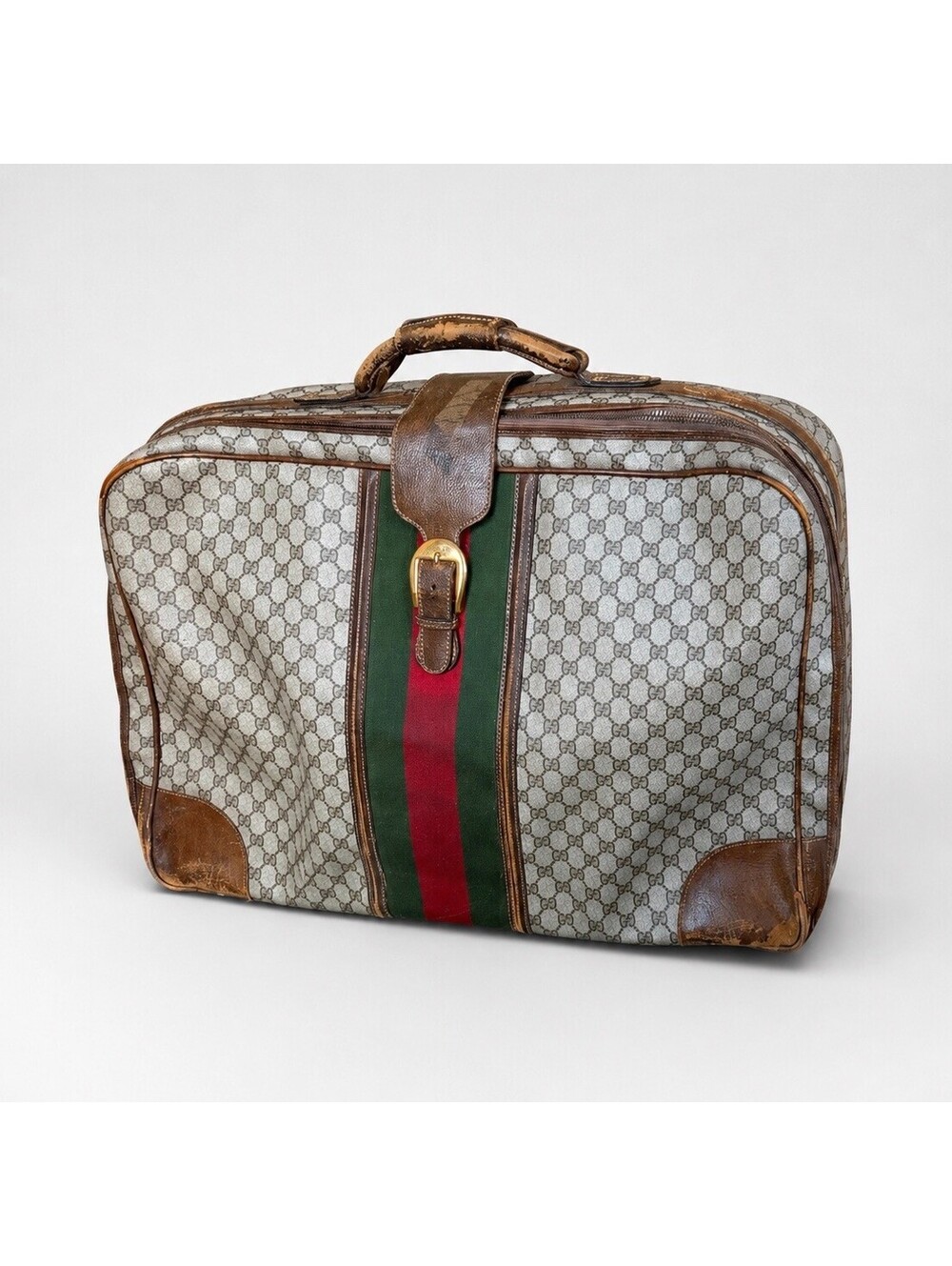 Vintage GUCCI GG Plus Monogram Leather Oversized Web Weekender Bag Suitcase Home